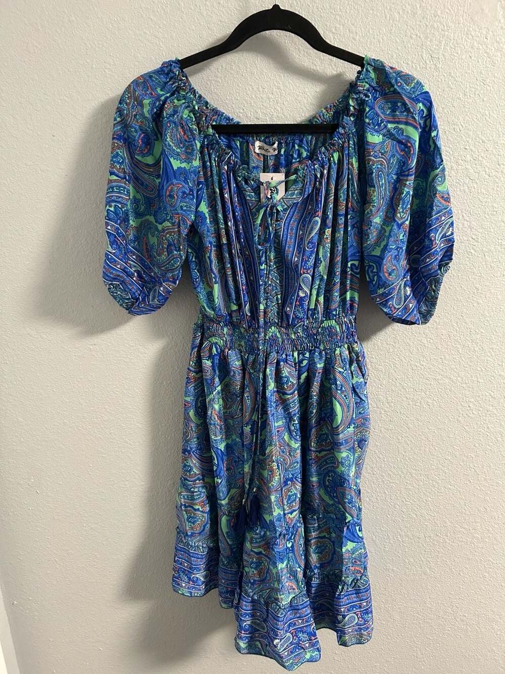 White Waves Blue Green Paisley Smocked Waist Ruffle Mini Dress